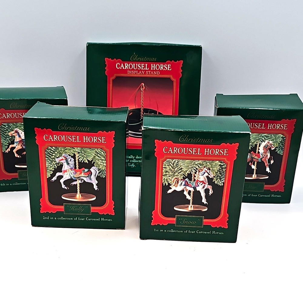Vintage 1989 Hallmark Carousel Horse Ornament Set of 4 w/ Stand- UNUSED MINT